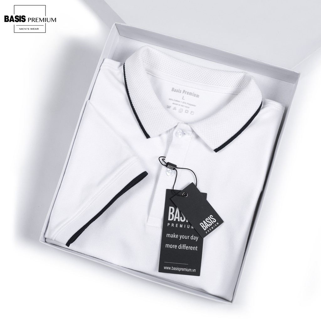 Áo thun polo nam phối màu xanh trắng, thiết kế đơn giản Basis APL59 | BigBuy360 - bigbuy360.vn