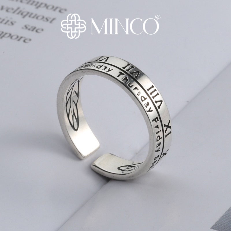 Nhẫn nam nữ tuần lễ số la mã cao cấp Minco Accessories màu bạc trẻ trung phong cách Hàn Quốc unisex NT82