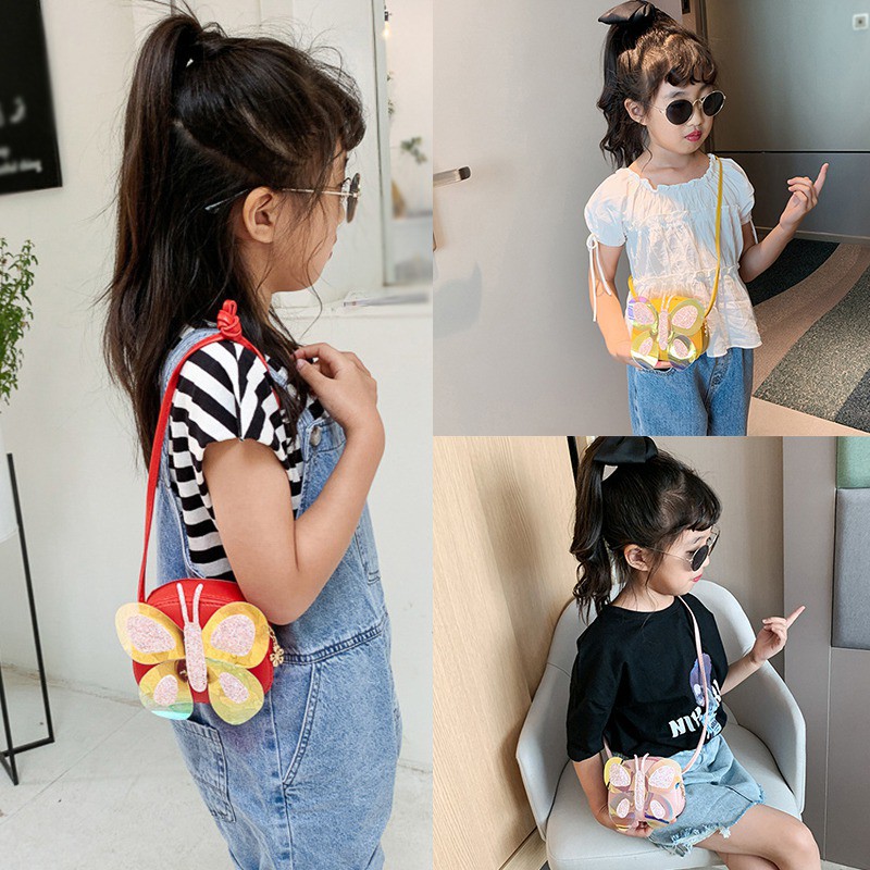 Túi đeo chéo da PU hình bướm dễ thương cho bé gái