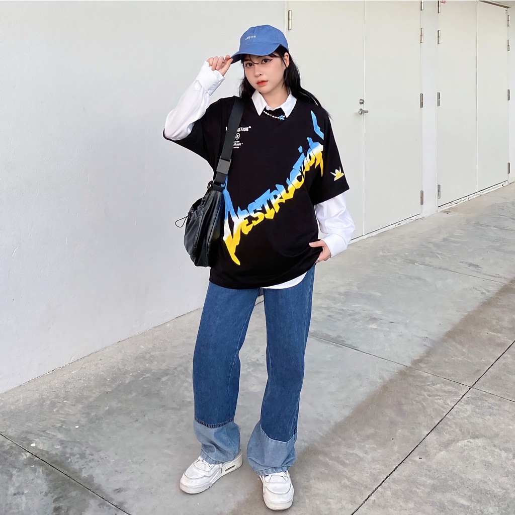 Áo thun local brand Destruction in hoạ tiết logo cá tính màu đen, cổ tròn, cotton