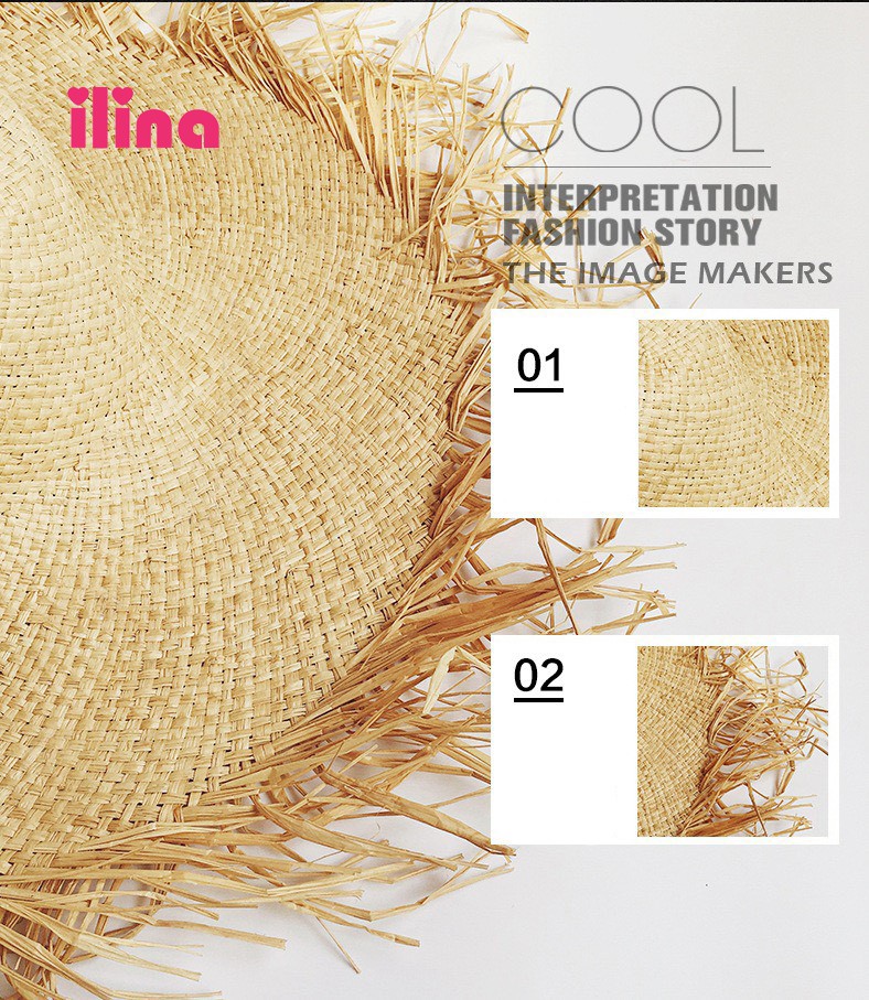 #ilina. Mũ cói đi biển Raffia, tua rơm, vành rộng. M 56 - 58cm. PM334