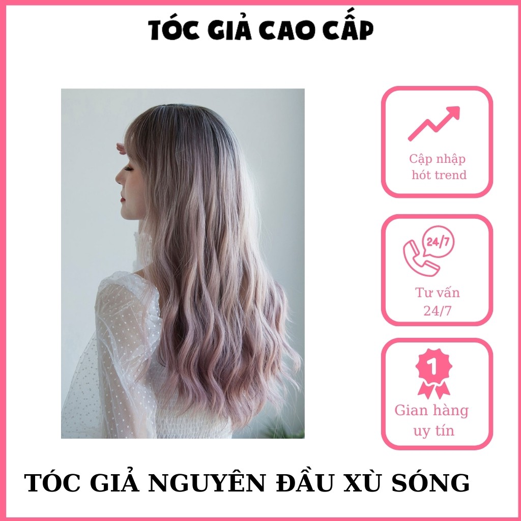 Tóc giả nguyên đầu xù dợn sóng màu hồng khói, c8184, tặng kèm lưới trùm tóc