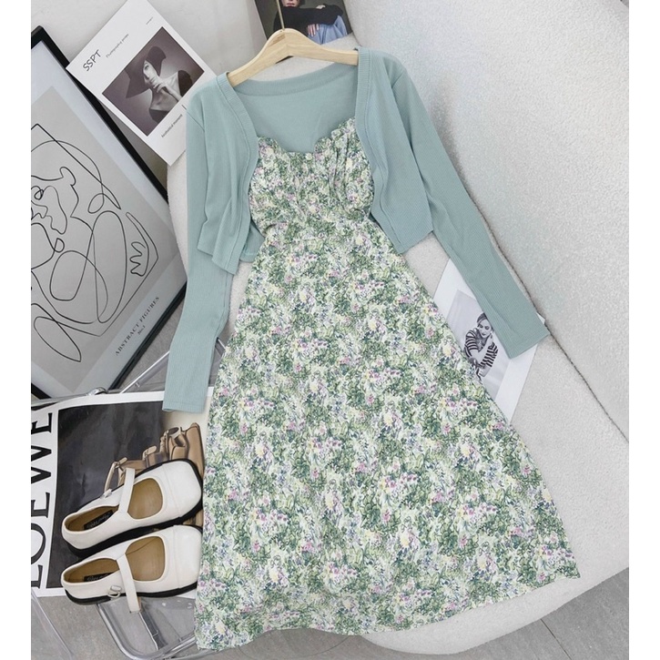Set đầm hoa 2 dây kèm khoác xanh mint