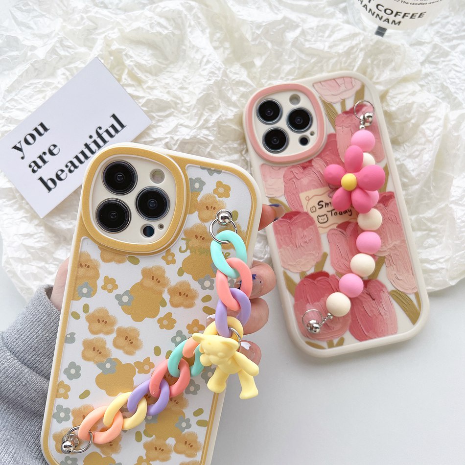 Hộp đựng dây chuyền samsung galaxy a22 a21s a20s s23 s22 plus ultra s21 s20 fe bear flower chain case điện thoại tpu mềm vỏ bảo vệ ống kính hình bầu dục hoa