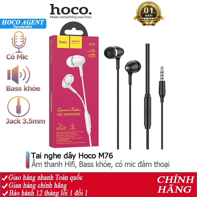 Tai nghe nhét tai Hoco M76 thể thao, nghe hay có mic đàm thoại, dây dài 1.2m - Chí
