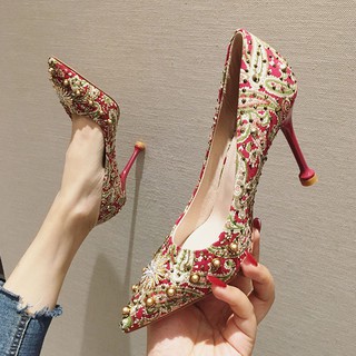 Giày cao gót mũi nhọn đính hạt tròn hoa văn độc đáo mẫu mới 2019 thời trang cho nữ