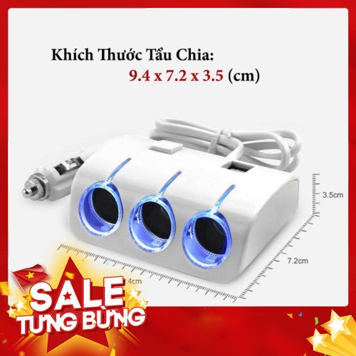 Bộ Chia Tẩu Sạc Oto - Chia 3 Cổng Tẩu, Kèm 2 Cổng USB - Hàng nhập khẩu
