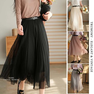 Chân váy xếp ly dài kèm đai công sở dáng A midi 3 lớp cạp thun - Trumomy Women’s Skirts