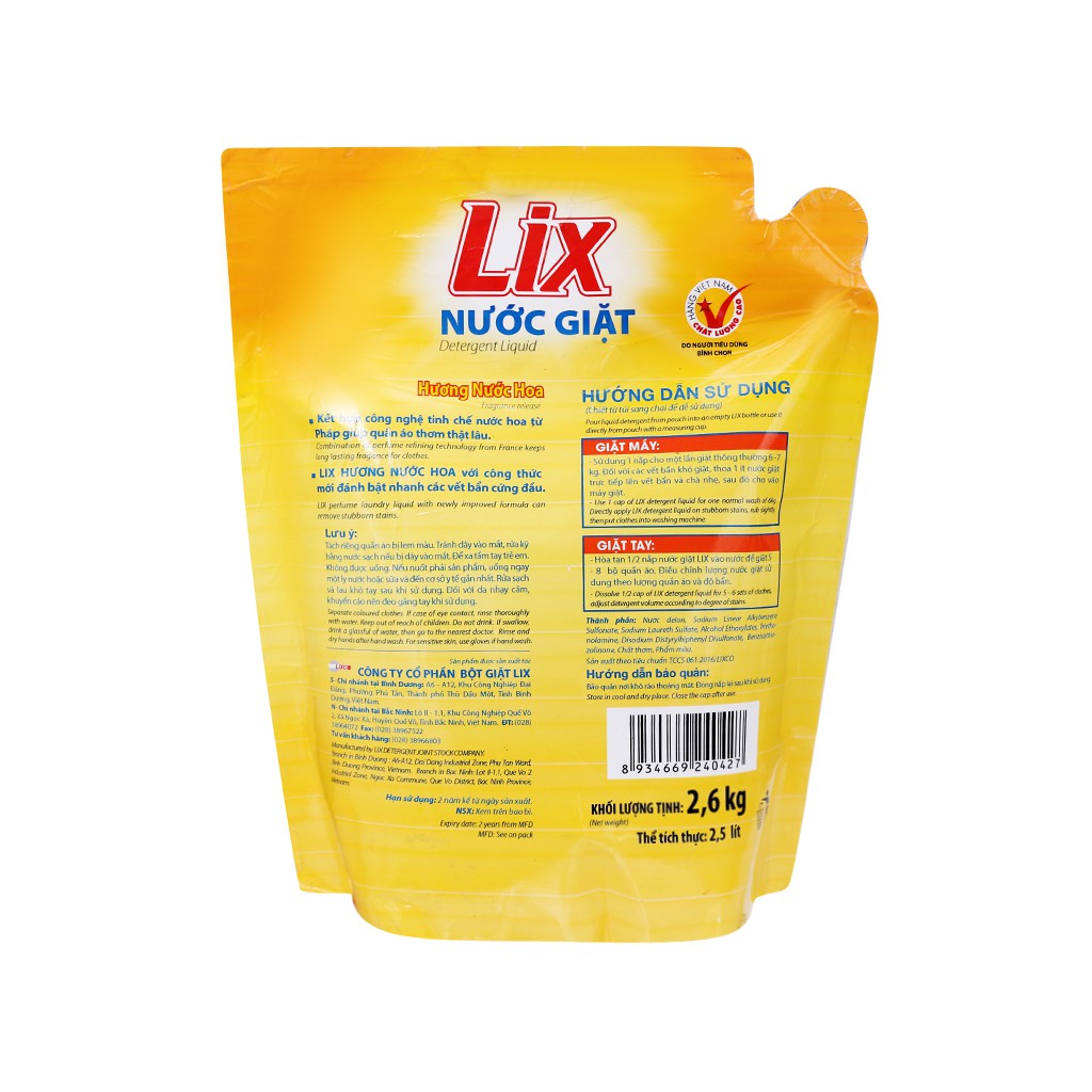 Nước giặt Lix Matic hương nước hoa túi 2.6 lít