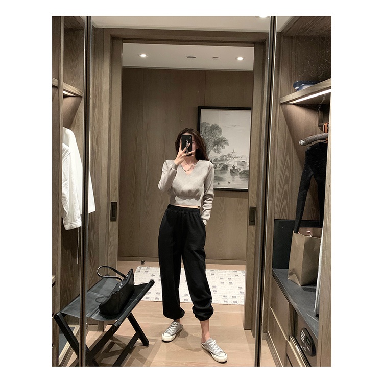 SUXI Áo dệt kim dáng ôm dài tay cổ V phong cách mùa thu dành cho nữ