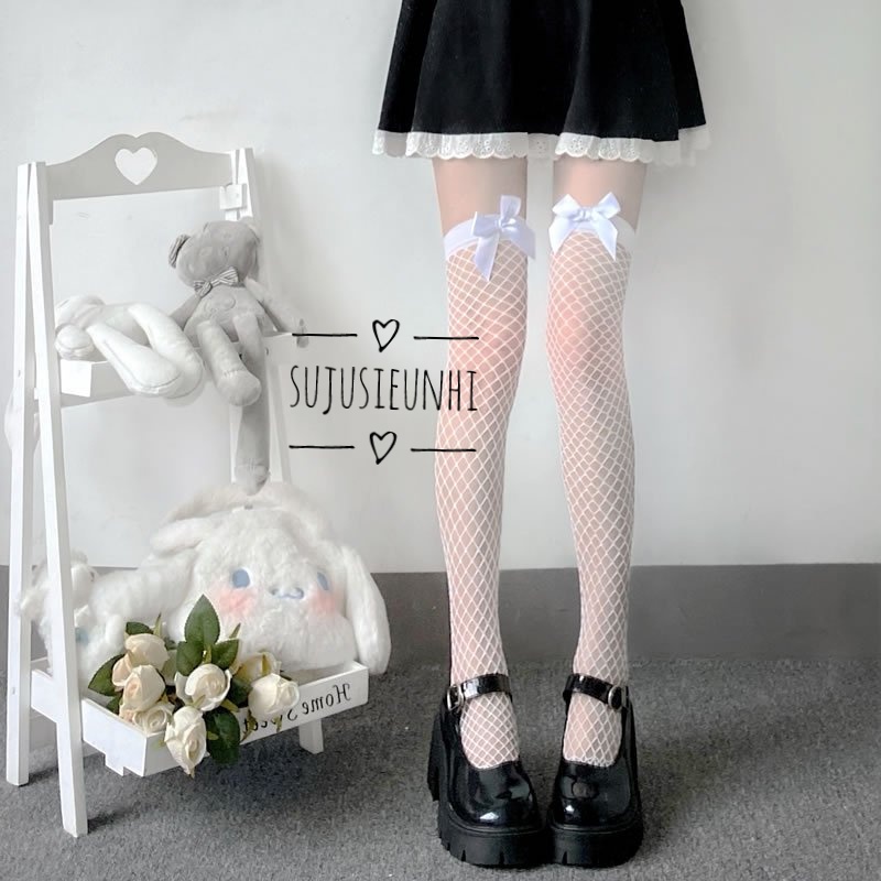 (2 màu) Tất đùi lưới có gắn nơ dễ thương/ lolita cute sock