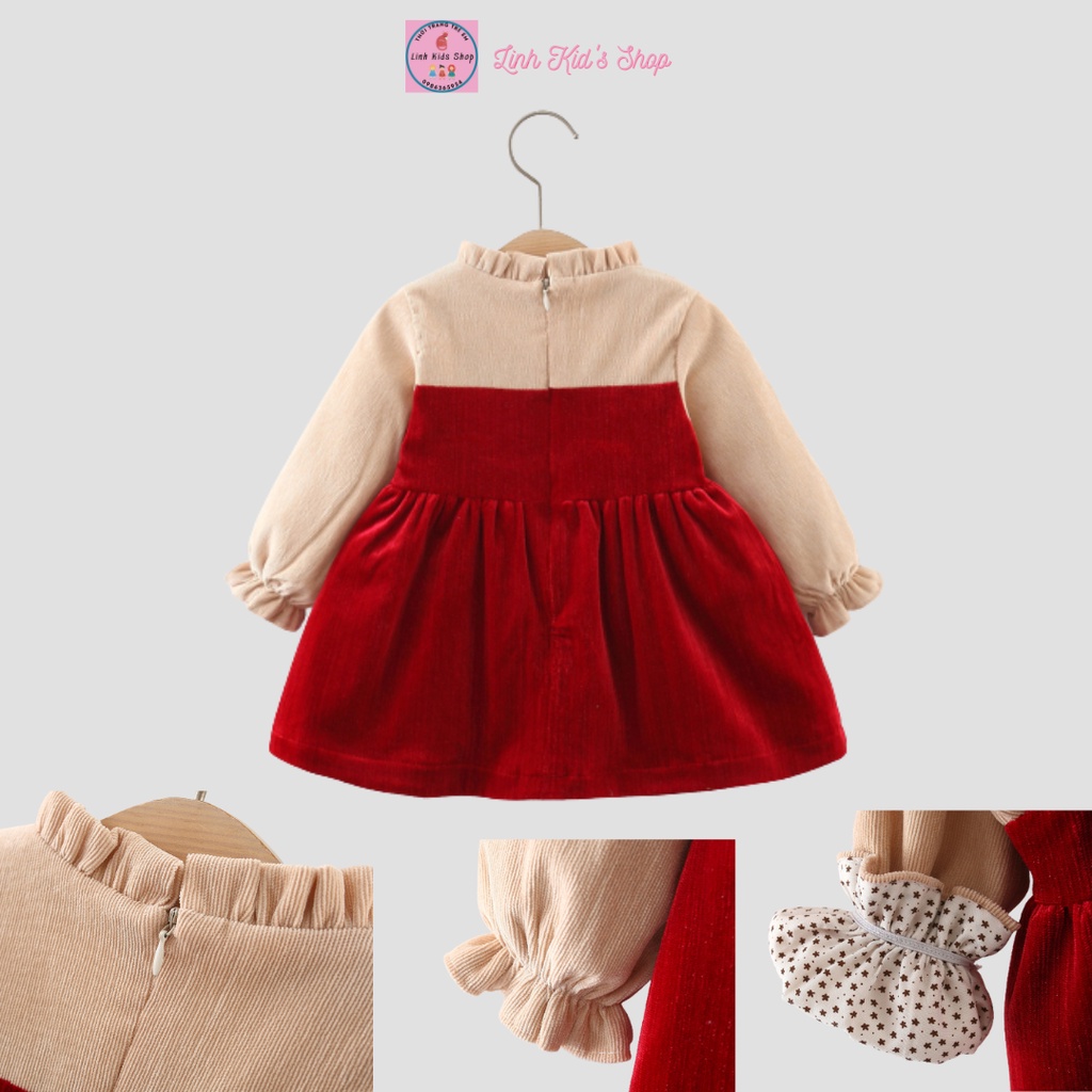 Váy nhung dài tay 2 lớp kèm gấu bông hàng Quảng Châu cho bé gái 8-18kg