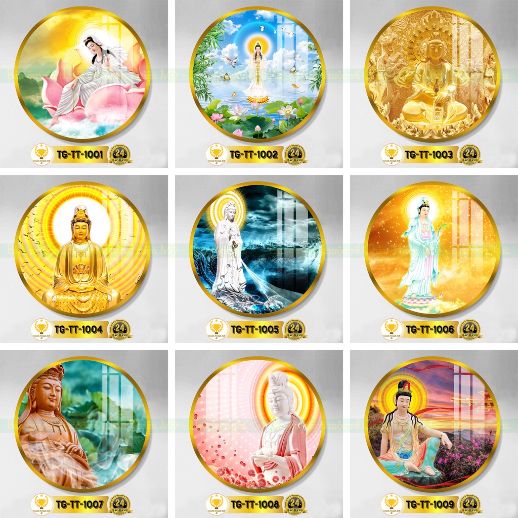 Tranh tròn treo tường tráng gương chủ đề Phật Giáo nhiều mẫu Quán Thế Âm, Phật A Di Đà, Phật Thích Ca