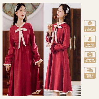 Váy vintage nơ cổ dáng dài suông tiểu thư, đầm nữ dài tay cổ điển kiểu Pháp