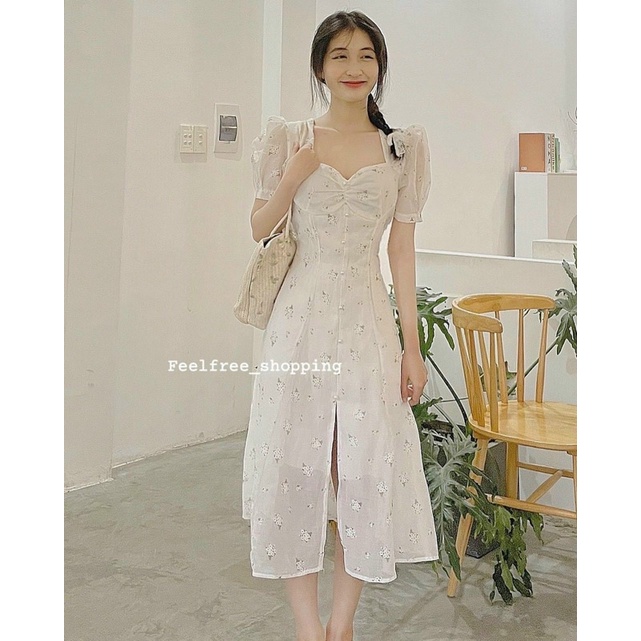 Đầm voan hoa trắng xoè nhún ngực nút ngọc tay lưới Đầm váy đi chơi dạo phố du lịch đi biển hotgirl tk