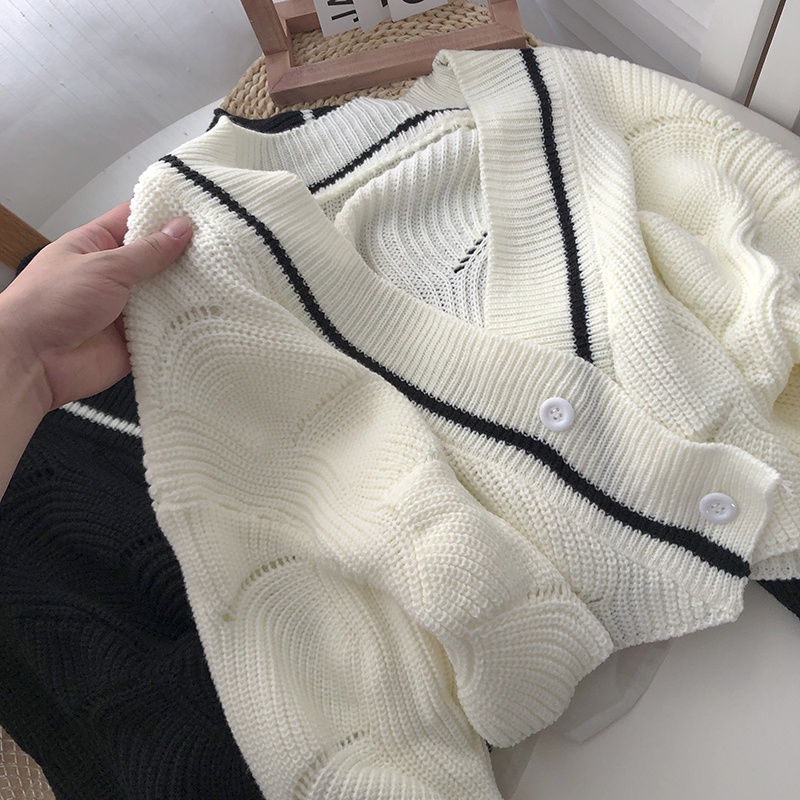 Áo sweater dệt kim tay dài cổ chữ V dáng ngắn phong cách thời trang Hàn Quốc