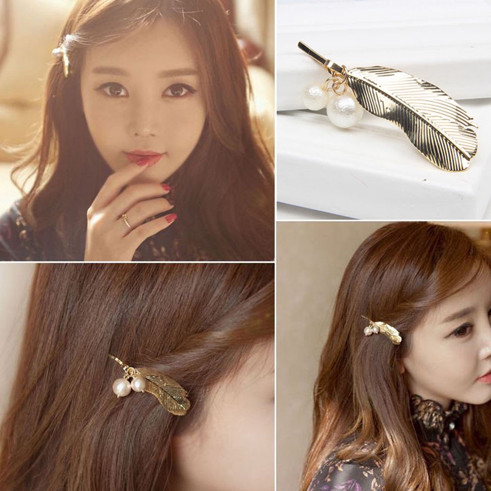 Kẹp tóc kim loại hình lá đính hạt giả ngọc trai