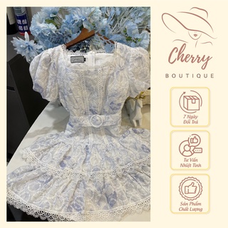 Váy voan tơ hoa cherry váy thiết kế tiểu thư 2 tầng cổ vuông