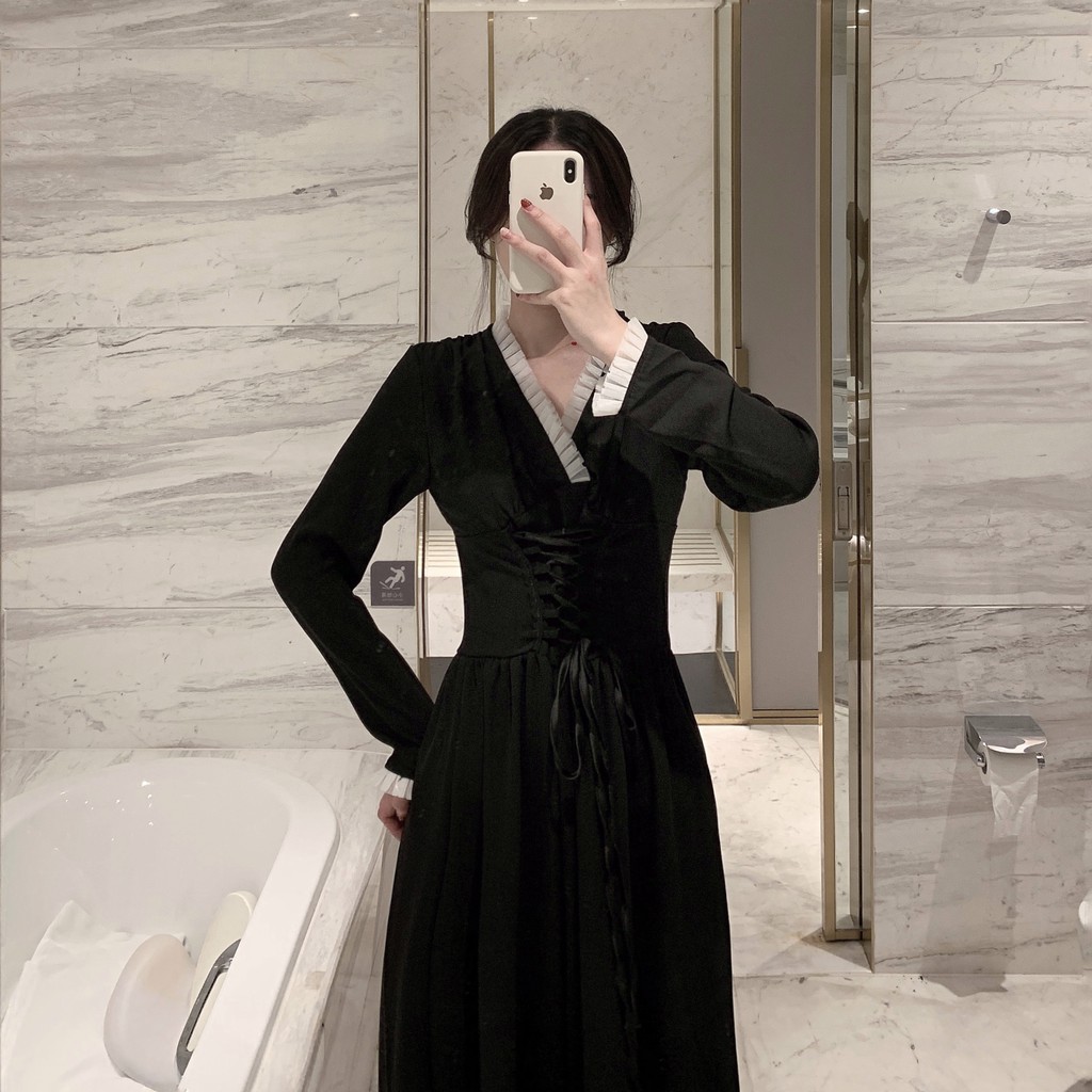 Đầm tiểu thư black basic cổ V thắt eo phối phong cách Pháp kèm ảnh thật ♥︎ | BigBuy360 - bigbuy360.vn