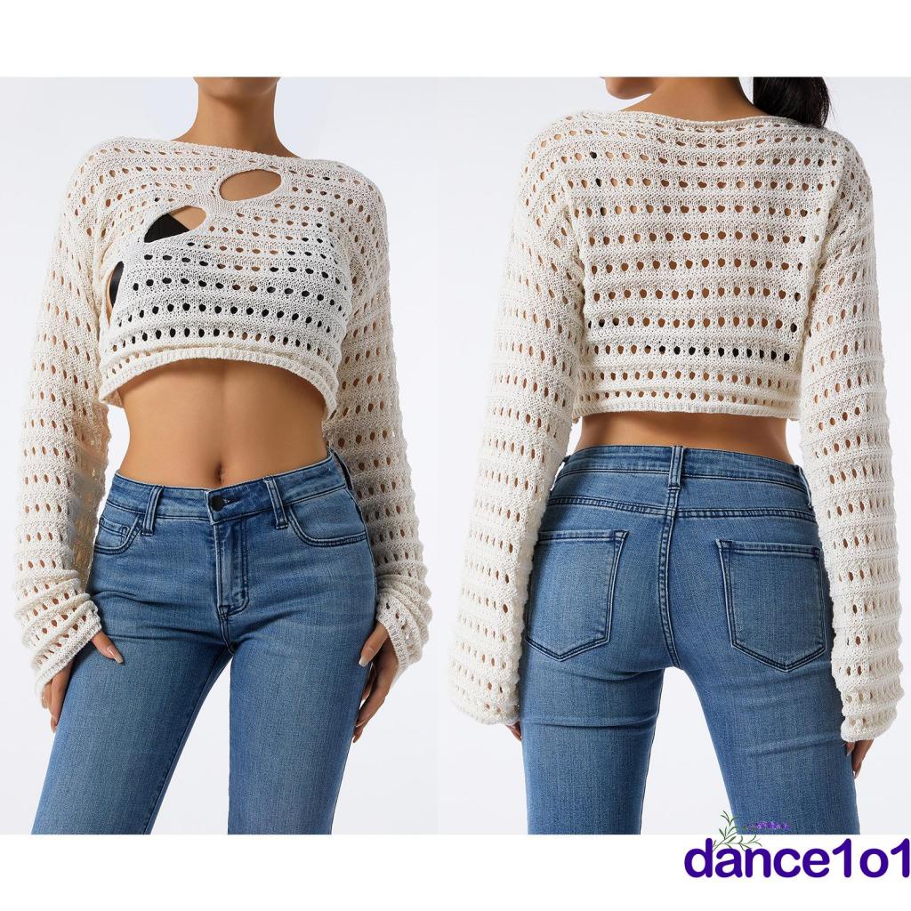 dance1o1-90S Vintage Women´s Hollow Out  Long Sleeve Knitted Tops