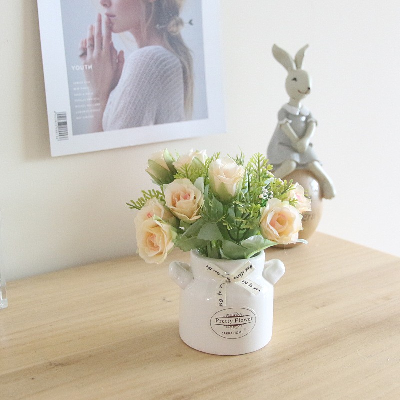 Hoa giả trang trí Decor KHALIK - HỒNG LỰU BÌNH SỮA - HF010 - Đã bao gồm cả chậu sứ