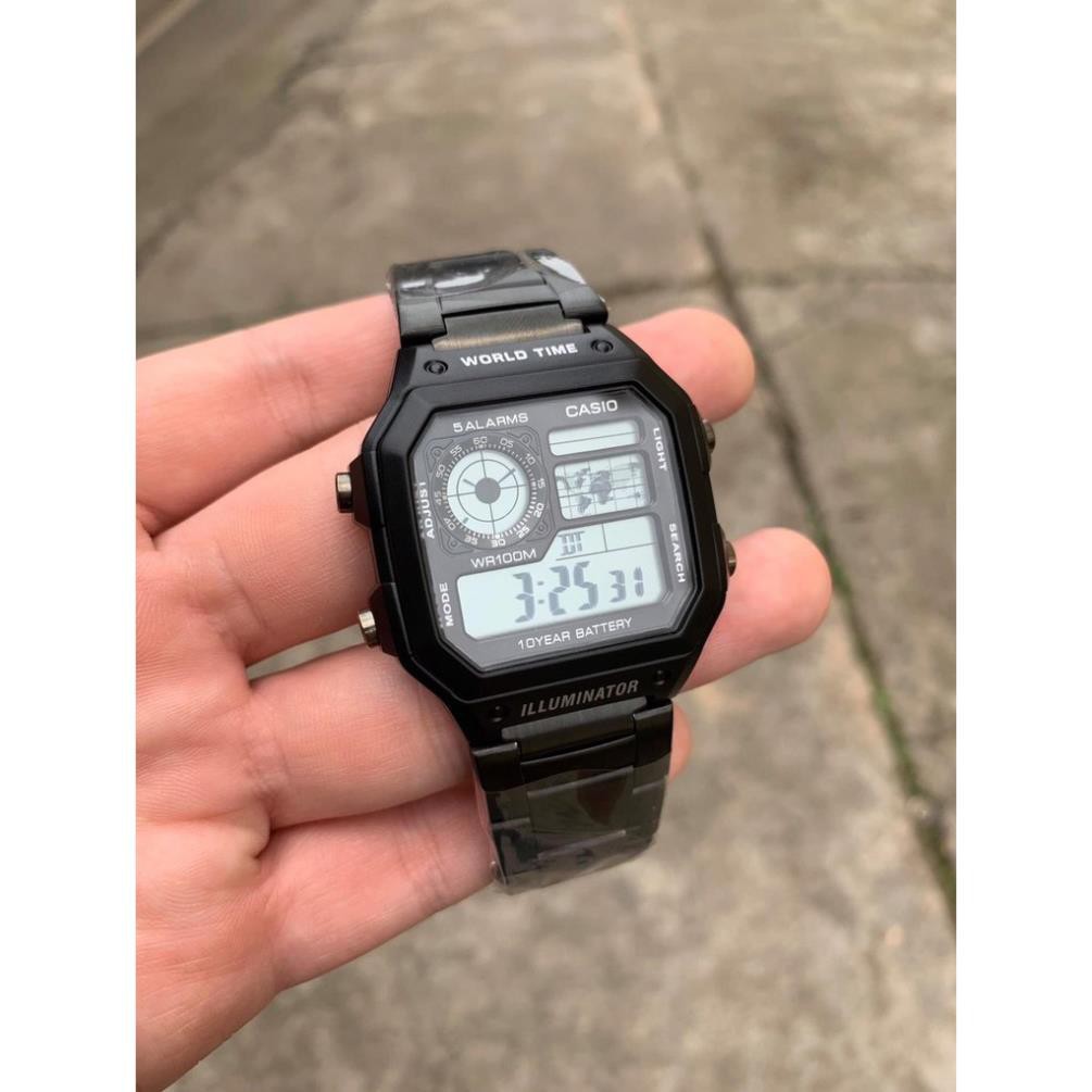 [HOT 2021]Đồng hồ nam Casio AE 1200-WHD classic chống nước , dây thép không gỉ (dây bạc mặt đen) + TẶNG KÈM HỘP THIẾC