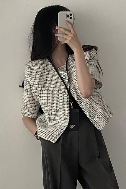 Áo Khoác Ngắn Tay Họa Tiết Sọc Caro Phong Cách Pháp 52860