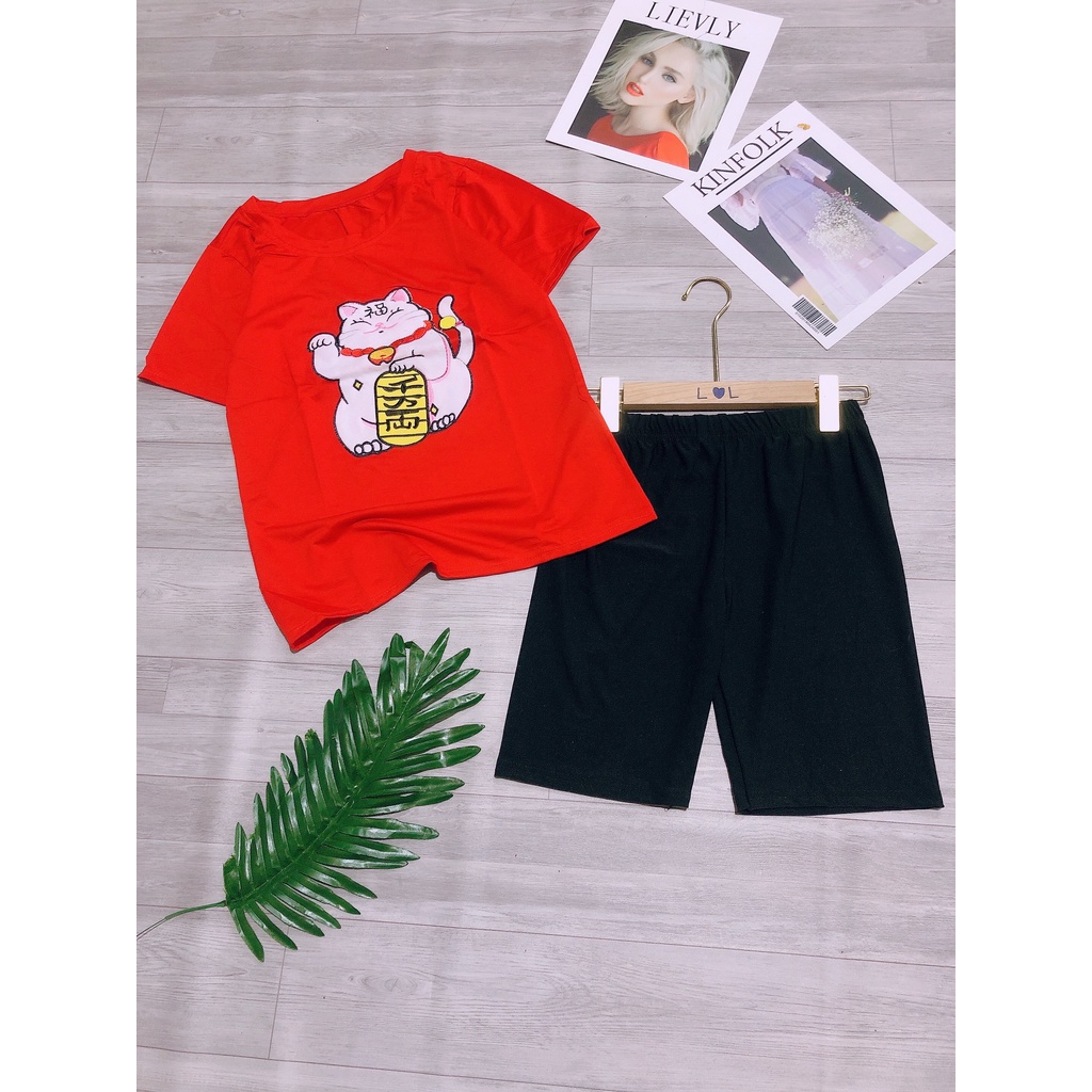 Set mèo thêu mix quần ngố lưng thun