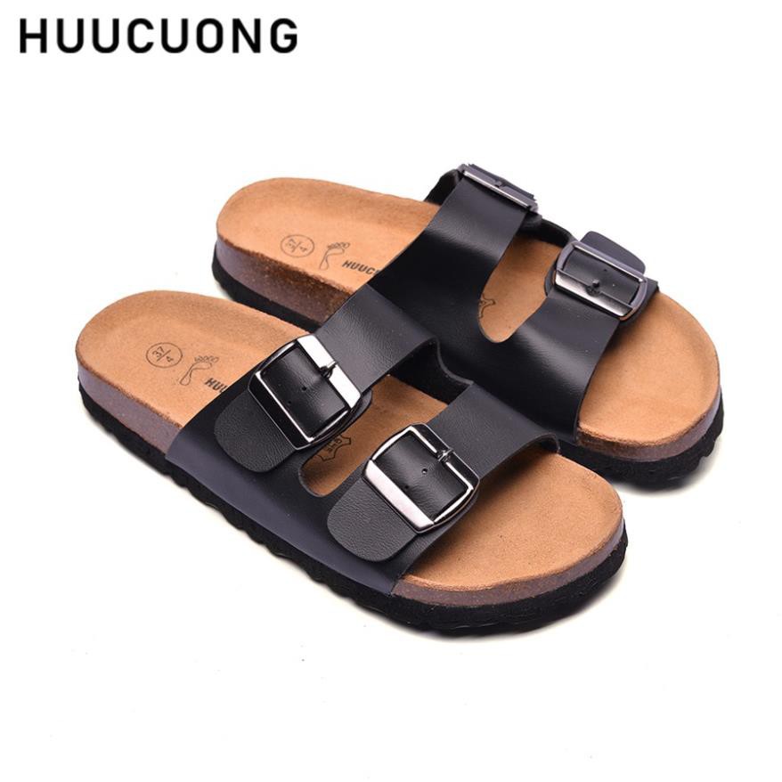 Dép unisex HuuCuong 2 khóa pu màu đen Unisex đế trấu