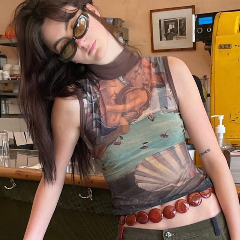 Áo Croptop Lưới Không Tay In Họa Tiết Trừu Tượng Phong Cách Harajuku Cổ Điển Dành Cho Nữ