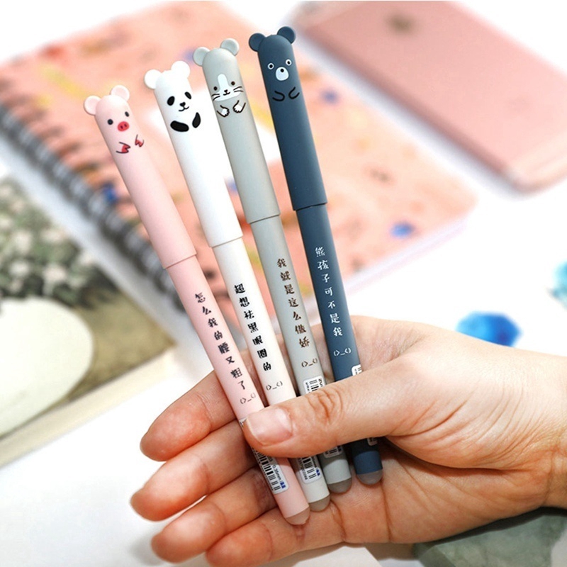 4 Pcs Pig Panda Mouse Bear Erasable Velvet Gel Pen Rollerball Pens