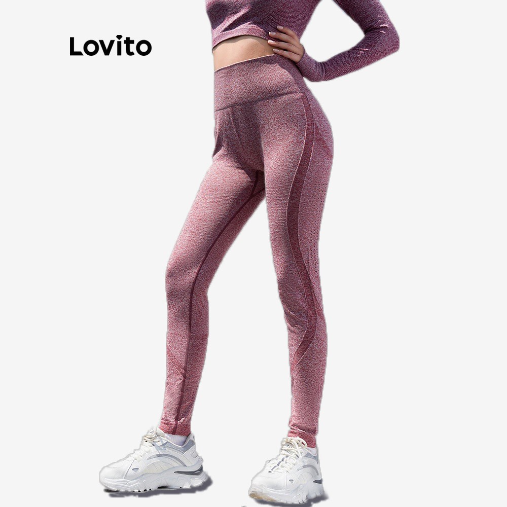 113XJ 1215XJ-Quần legging Lovito skinny màu trơn vải co giãn không xuyên thấu không đường may phối rách L04002 (đỏ đô)