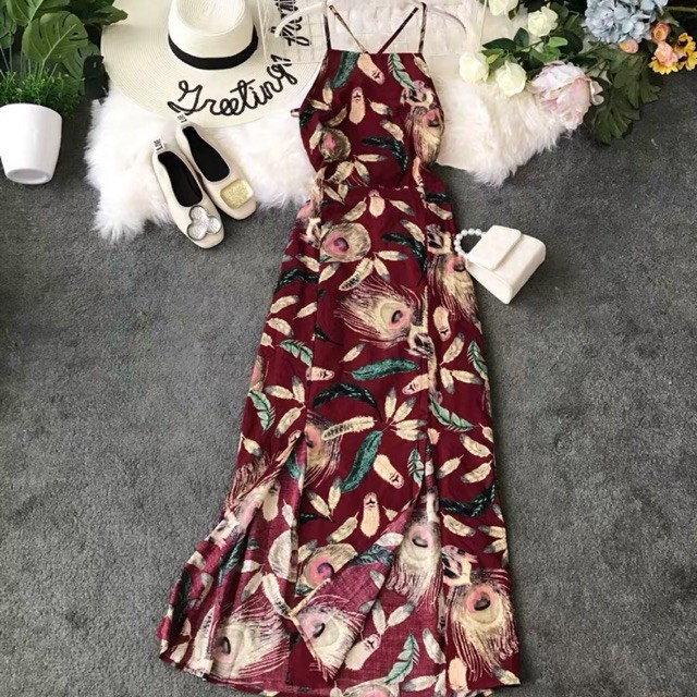Váy hai dây hở lưng boho tole lụa (hàng có sẵn)