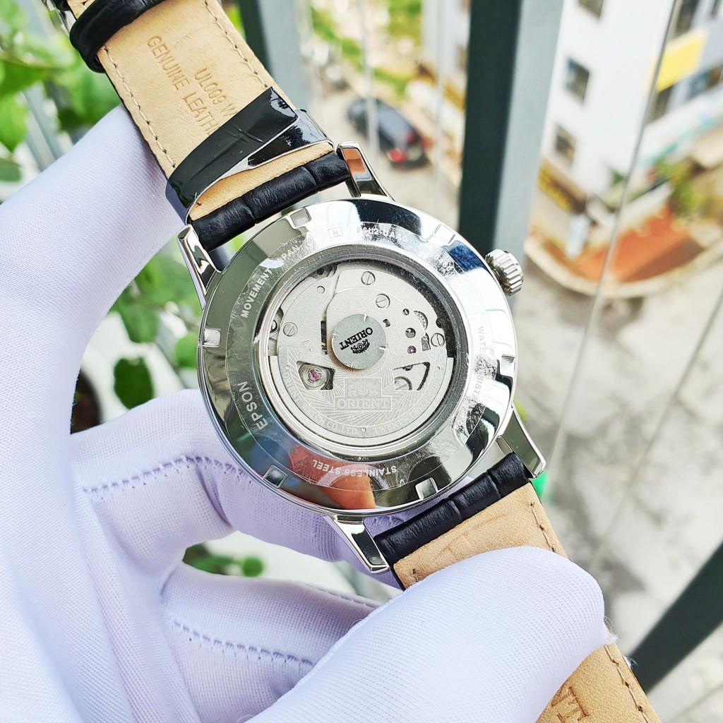 Đồng hồ Nam Orient Sun Moon Gen 4 Hở tim RA-AS0005S10B Automatic Size 42mm,Mặt trắng-Máy cơ tự động-Dây da đen cao cấp