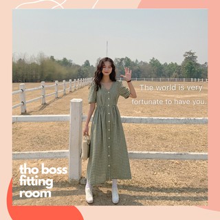 D104 - đầm bigsize caro cổ v nút cài eo thun