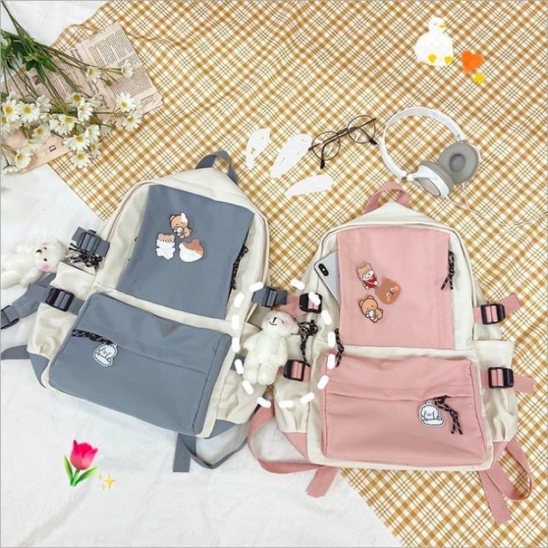 Balo trơn Sticker móc gấu