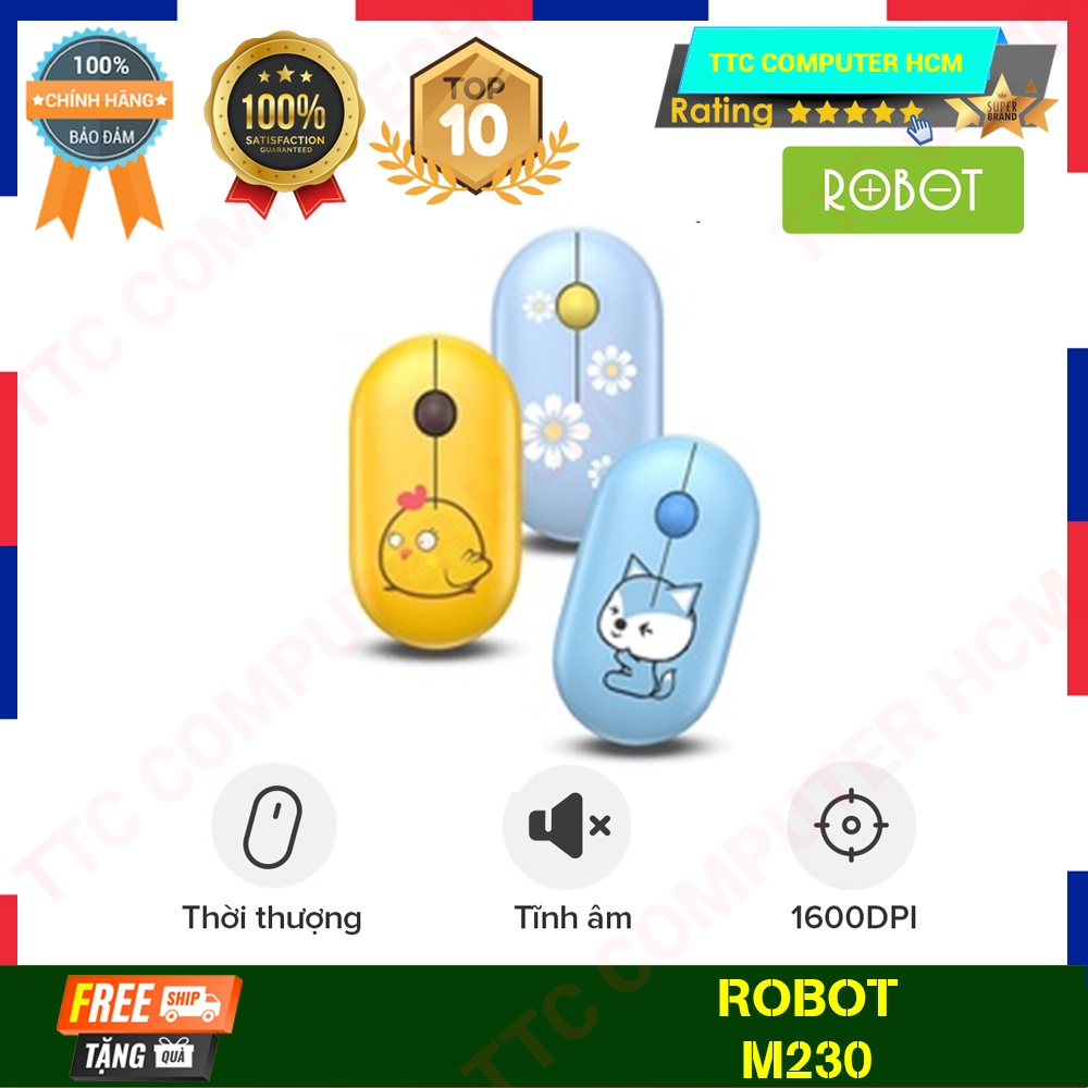 ROBOT M230 | Chuột Tĩnh Âm Không Dây ROBOT M230 Họa Tiết Hoạt Hình Trẻ Trung Độ Phân Giải 1600 DPi - HÀNG CHÍNH HÃNG