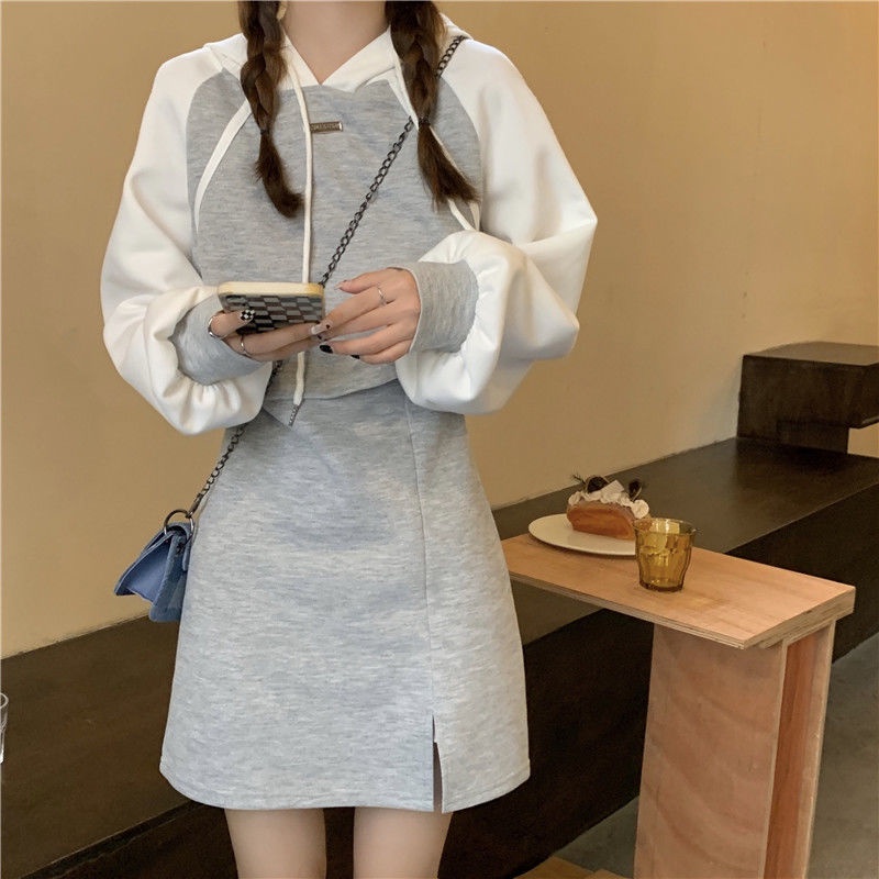 Set Đồ Thể Thao Gồm Áo Hoodie + Chân Váy Ngắn Màu Xám Đơn Giản Phong Cách Hàn Quốc Cho Nữ