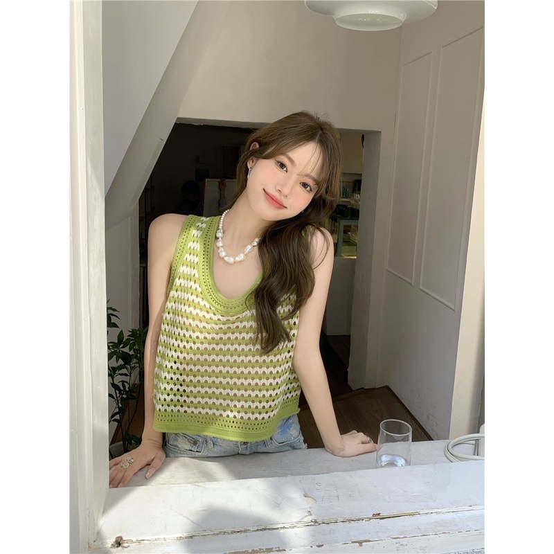 Porozi  Áo croptop sát nách  dệt kim kẻ sọc thời trang cho nữ 4 màu tự chọn