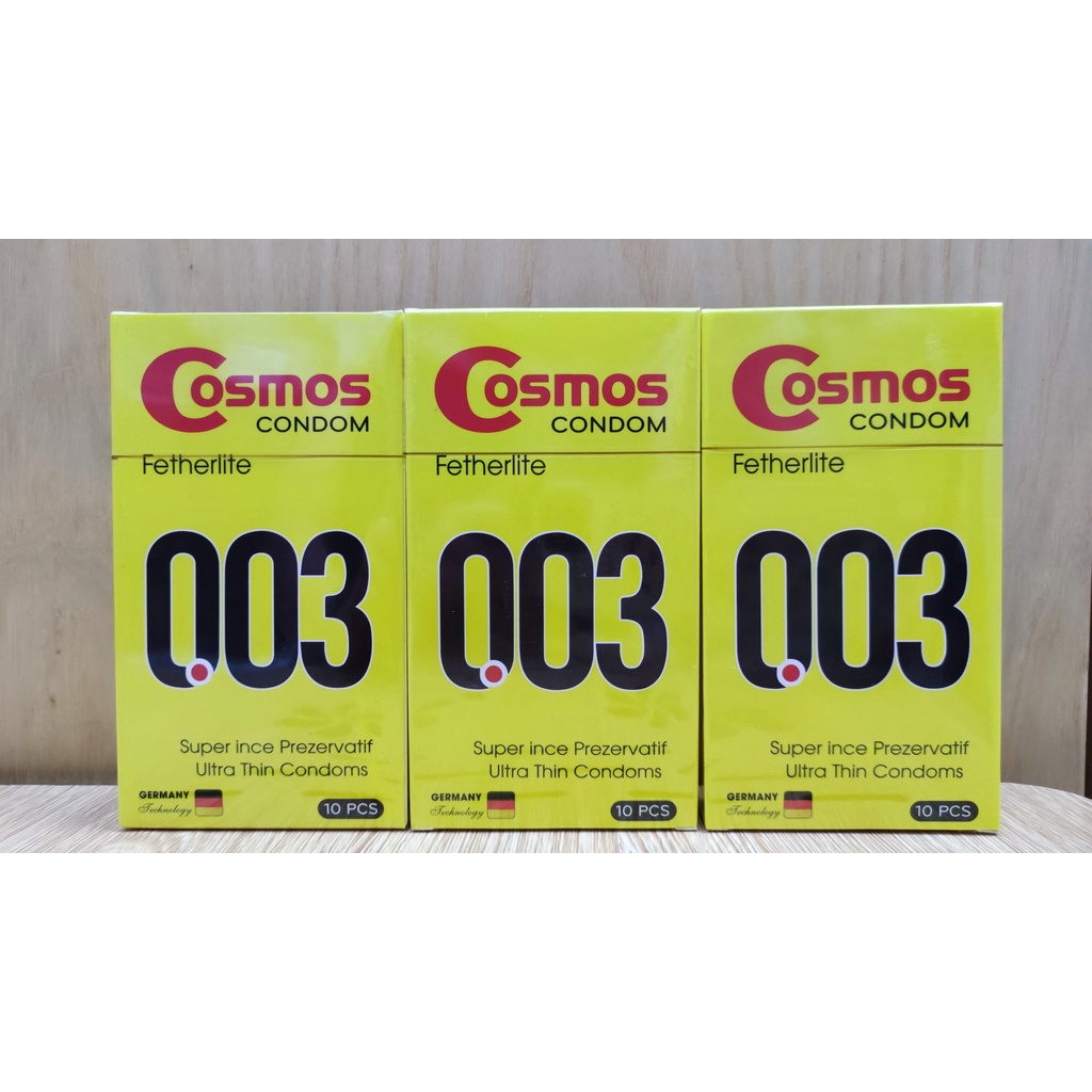 Bao cao su COSMOS Fetherlite 0.03 màu Vàng, Hộp 10 cái, siêu siêu mỏng ôm sát, nhiều Gel bôi trơn, hương thơm khuyến rũ