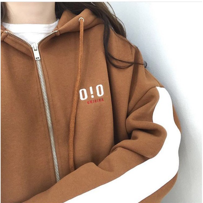 Áo Khoác Hoodie Có Khóa Kéo Thêu Chữ Phong Cách Retro Hàn Quốc Với 4 Màu Tùy Chọn