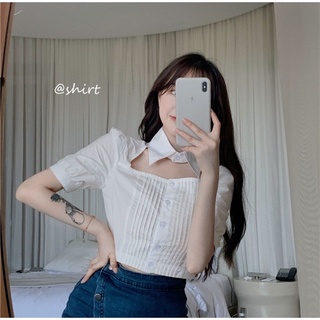 Áo croptop sơ mi trắng cổ choker