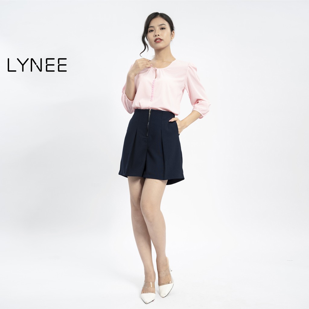 Áo sơ mi nữ kiểu bánh bèo LYNEE áo kiểu cổ tròn nút giả tay lỡ nhúm thun - A16