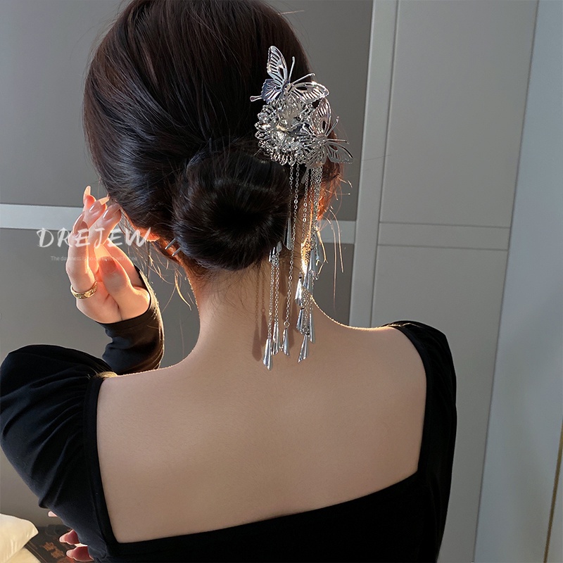 DREJEW Trâm cài tóc bằng kim loại kiểu hoa bướm phối tua rua phong cách Hán phục thời trang