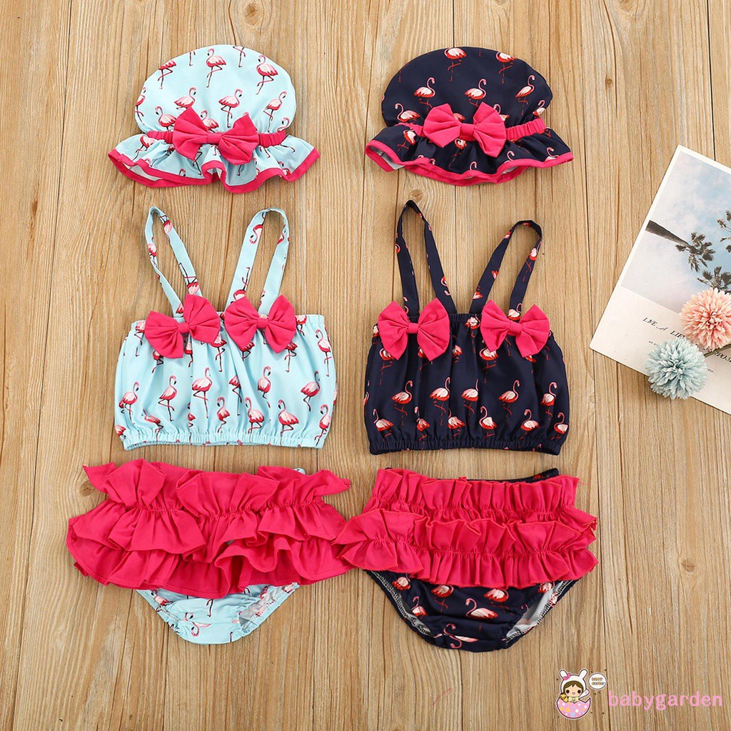 Bộ Đồ Bơi 3 Mảnh Hai Dây In Họa Tiết Chim Hồng Hạc Kèm Mũ Dành Cho Bé Gái