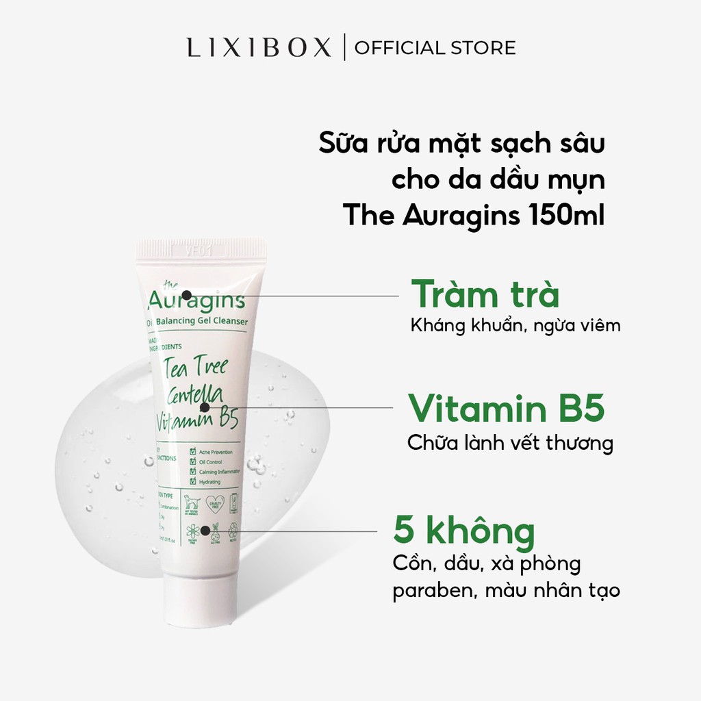 [HB Gift] Combo Khăn mặt Lixibox, Sữa rửa mặt The Auragins 30ml, Bông tẩy trang Jomi và Gel dưỡng ẩm Auragins 10ml