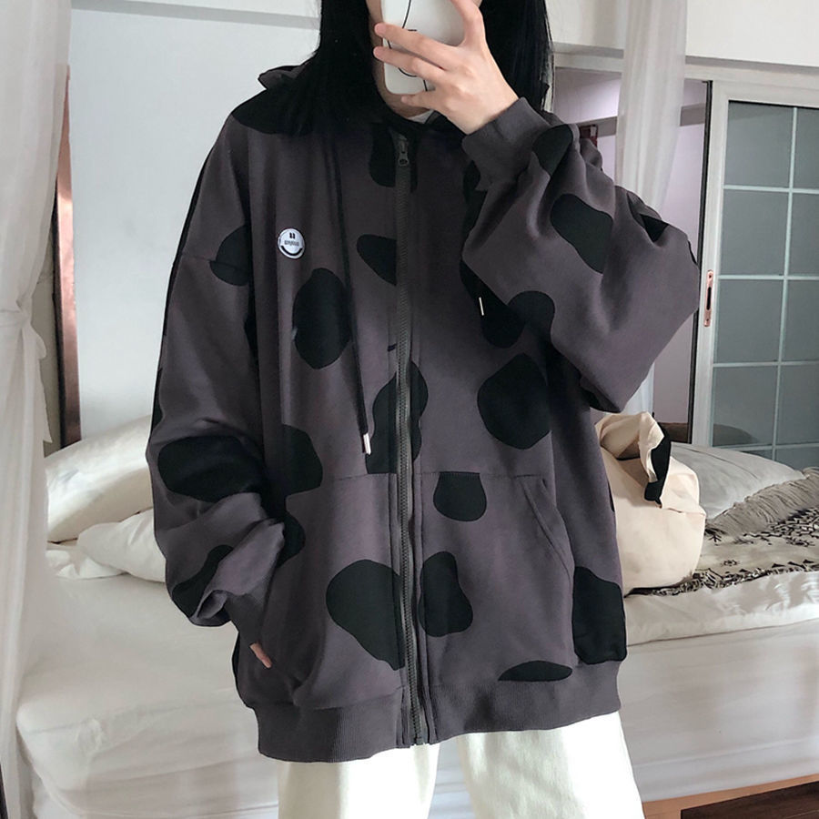 Áo hoodie in họa tiết da bò sữa có khóa kéo trẻ trung thời trang mùa thu Hàn Quốc | BigBuy360 - bigbuy360.vn