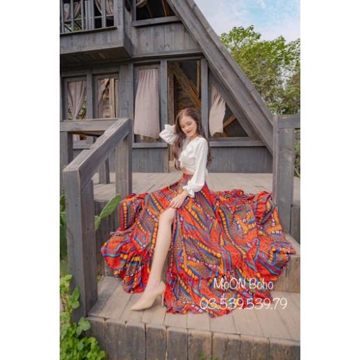 MOON BOHO - SET MAXI ÁO TRẮNG + CHÂN VÁY THỔ CẨM AU