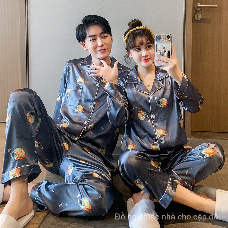 Bộ Đồ Ngủ Tay Dài Giả Lụa Thoáng Mát In Họa Tiết Thời Trang Xuân Thu Cho Nam Nữ