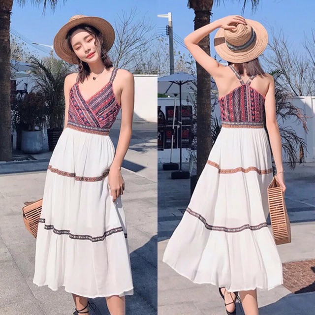 (Sẵn)Đầm Boho Hai Dây Vintage, Hoạ Tiết Thổ Cẩm + Áo Choàng Voan Nhẹ Nhàng, Đồ đi Biển ( Kèm Ảnh Thật )